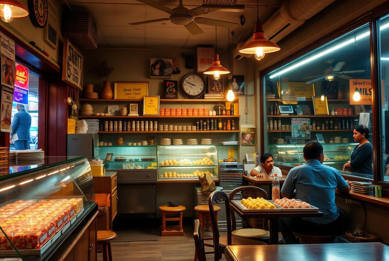 Bengali sweet shop and cafe counter with trays of mishti